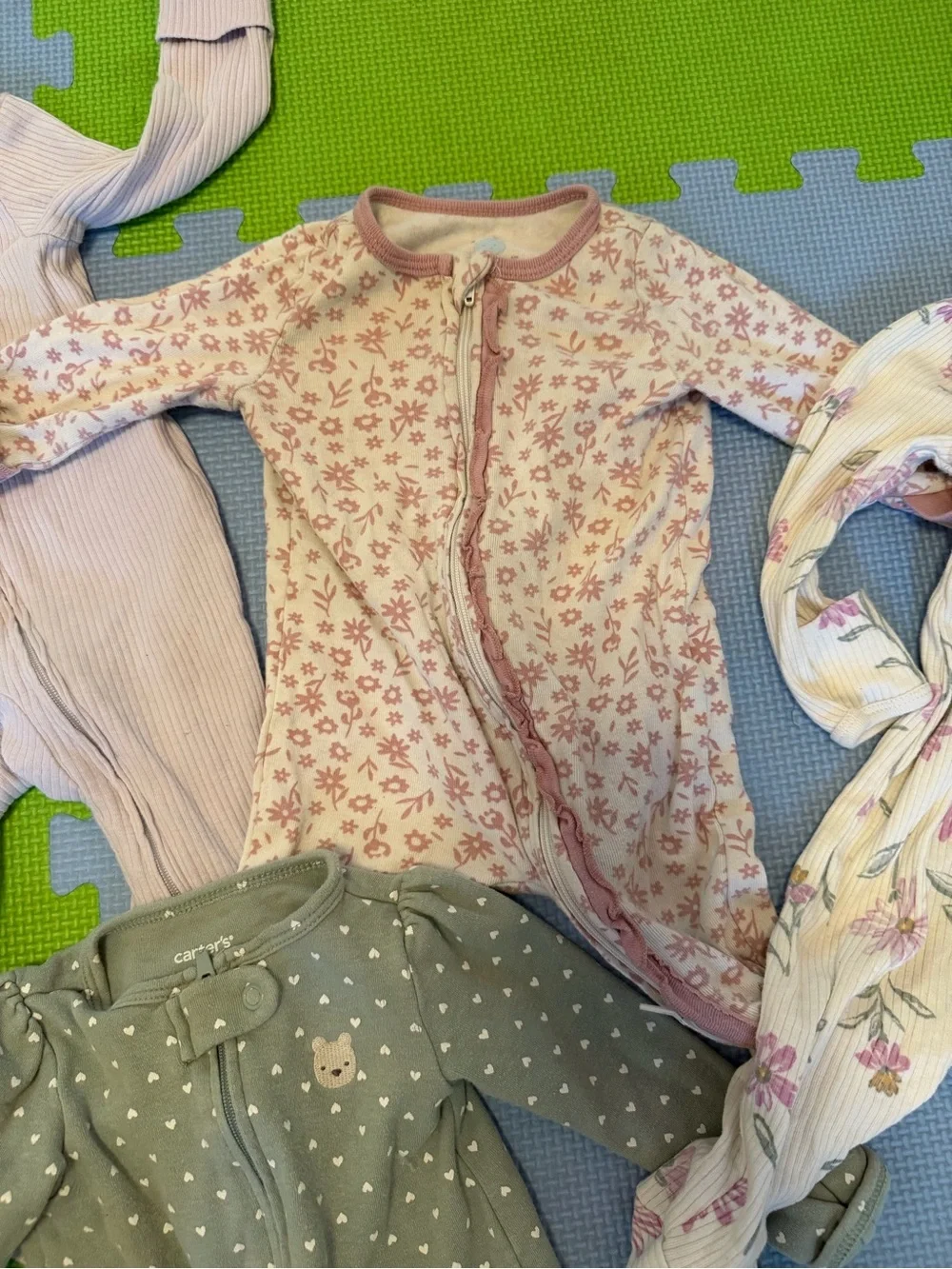 Mixed Girls Footie Sleepers in Pink and Green - Set of 5